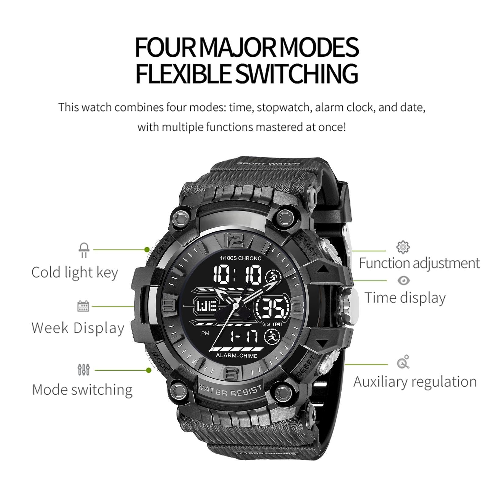Orologio digitale da uomo, sportivo, da uomo, digitale, orologio da polso per ragazzi, orologio militare, cronometro, sport, attività all'aperto, 5 ATM, impermeabile, cronografo, sveglia sportiva da