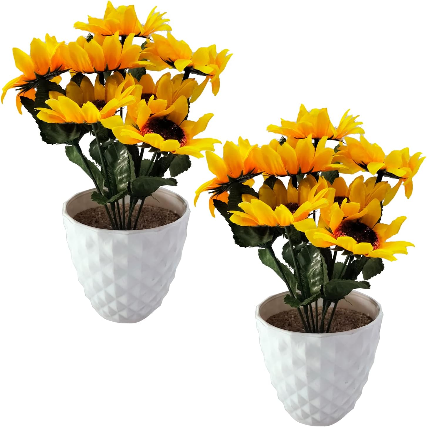 Caajib Decor's Artificial Imported Yellow Sunflower Plant in White Plastic Pot and Beautiful Rivers Sand Perfect for Gifting, Decorating Home & Office | Fire Retardant & UV Protected Set of 2