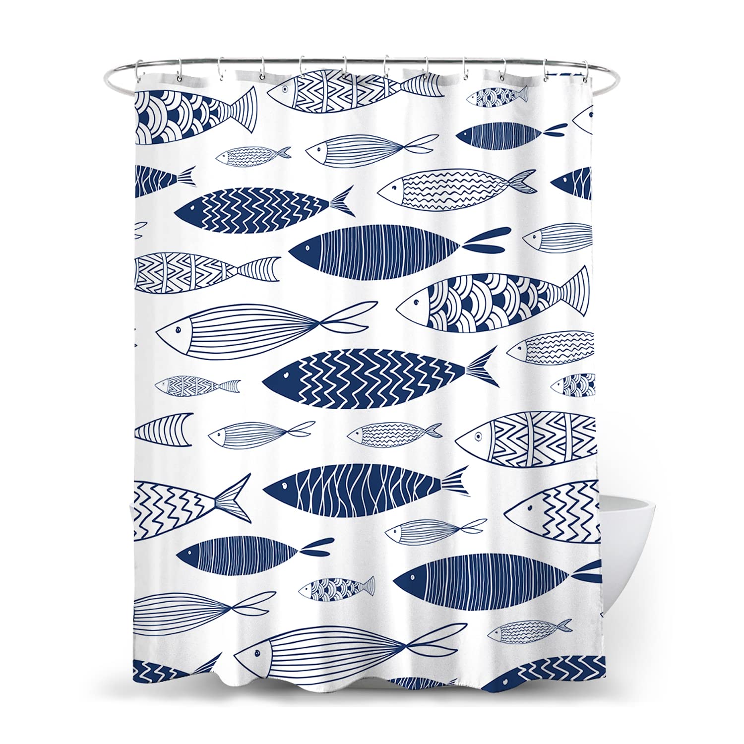 Durable Blue Shower Curtain Set with Hooks, Fabric Polyester Nautical Fish Print Shower Curtains for Bathrooms, H72in X W72in, Waterproof and Machine Washable (White and Blue)