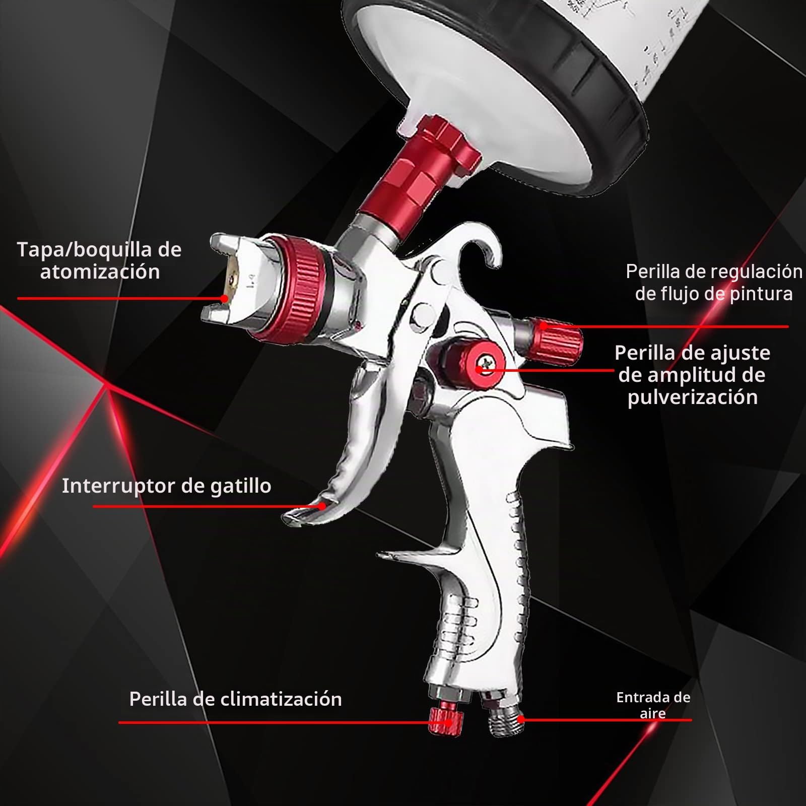 Pulverizador de pintura, rojo, portátil, aluminio, juego de aire comprimido con 10 vasos mezcladores desechables, 3 boquillas (1.4 mm, 1.7 mm, 2.0 mm), regulador de presión para pintura de
