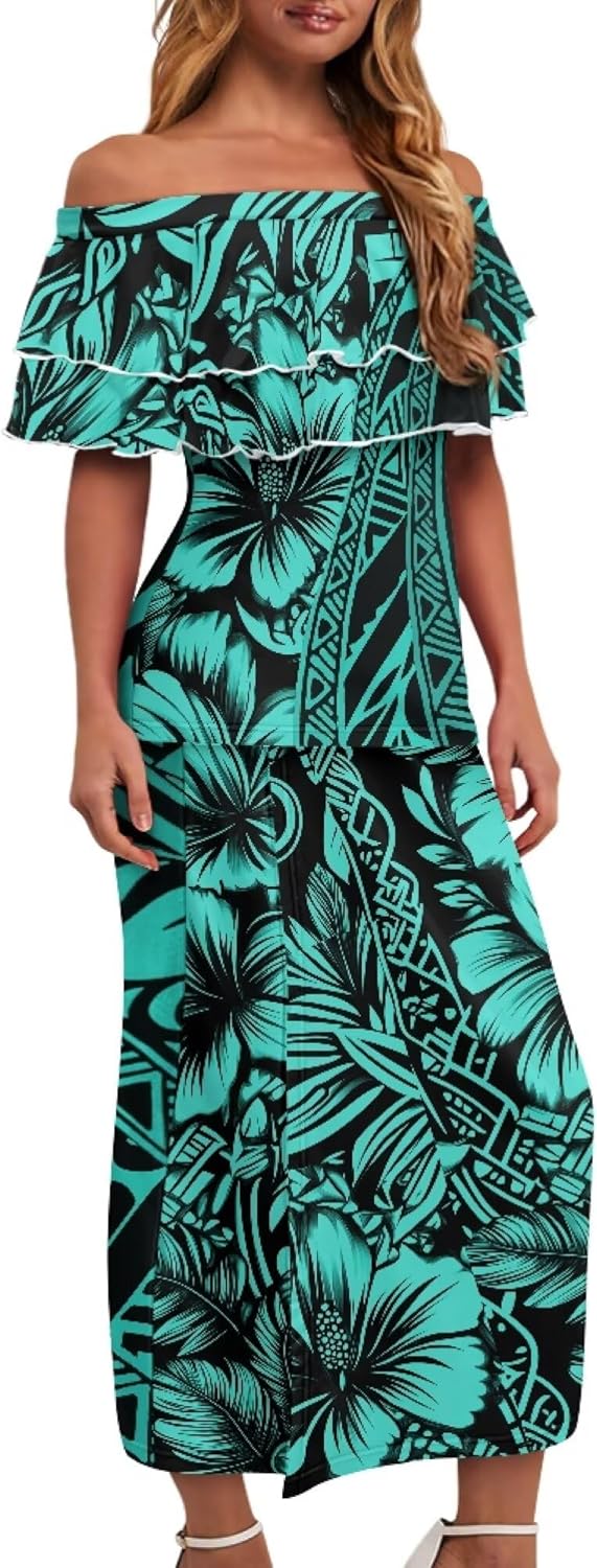 Samoa Couple Outfit Polynesian Dress for Women Traditional Puletasi Shirts for Men Strapless Ruffle Dresses