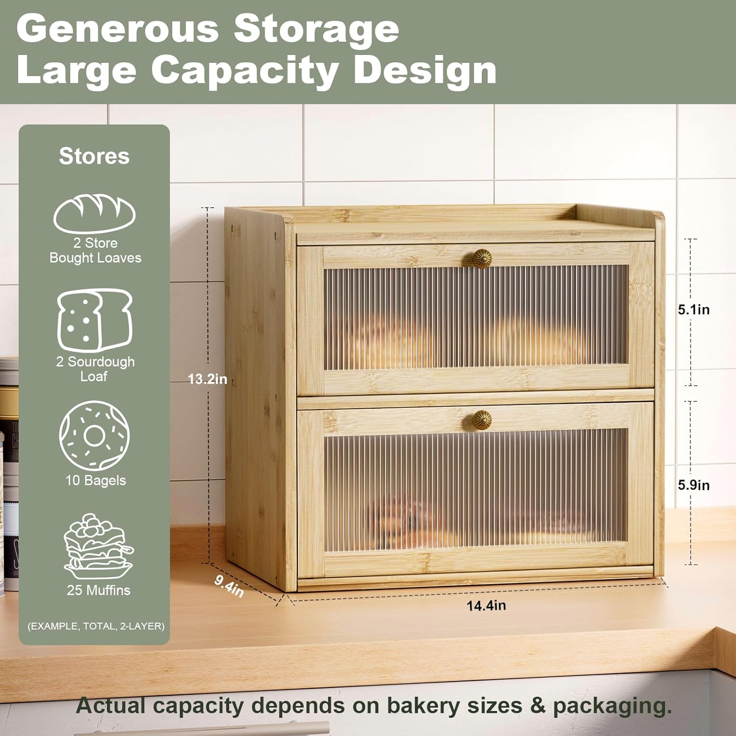 Bread Box for Kitchen Countertop Wooden Bread Storage Container Bin 2 Layer Corner Breadbox Large Capacity, Vintage Farmhouse Food Organizer Pantry Shelf with Window - Natural Bamboo