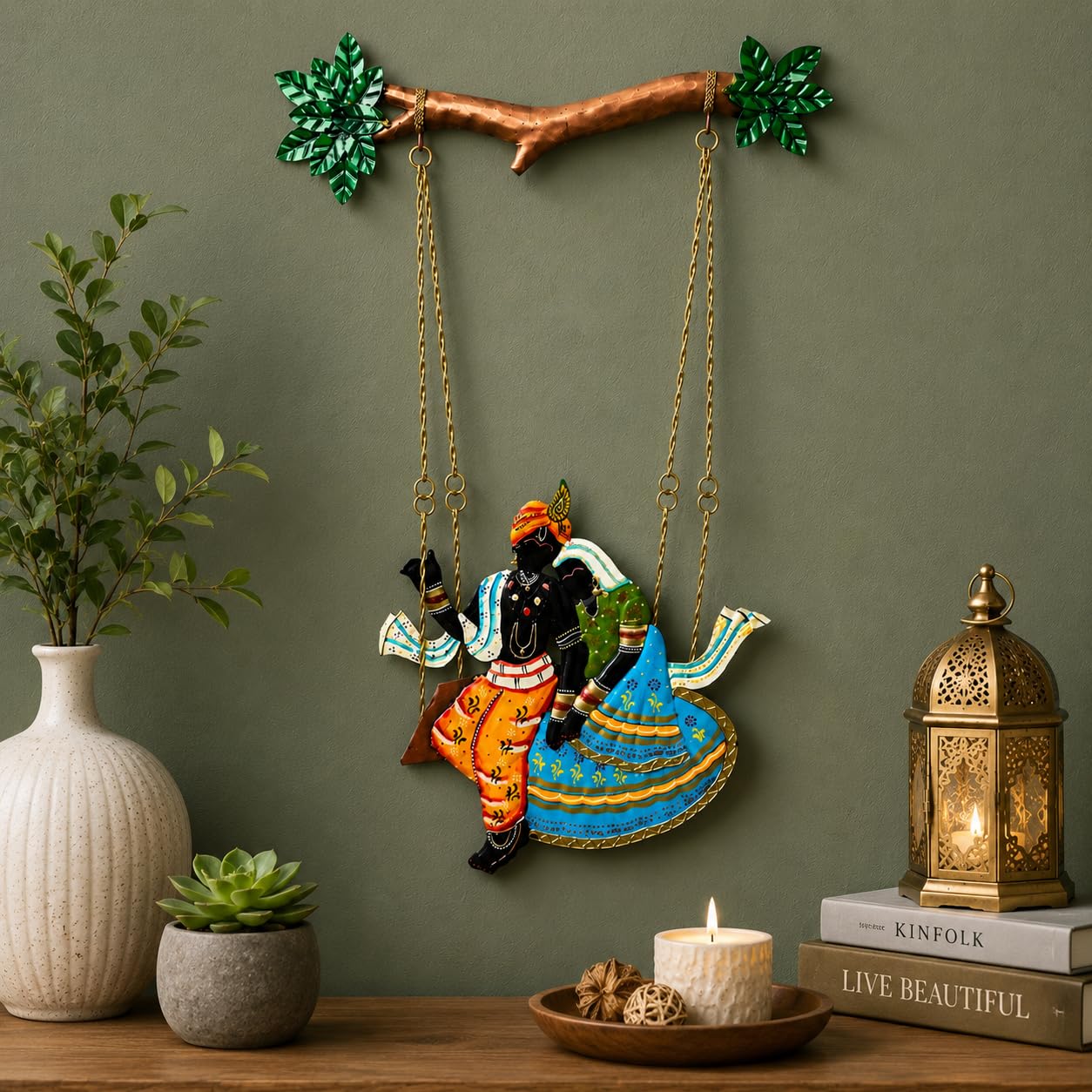 pranjals house Krishna Jhula Wall Hanging, Radha Krishna Metal Wall Art, Handmade Indian Wall Decor, Spiritual Religious Home Decoration for Living Room, Bedroom, Temple, 25 Inch-image-34