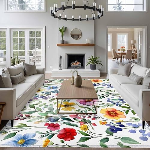 Miniatura 4 de 5x8 Area Rugs, Spring Flower Non-Skid Rubber Backing Large Rectangle Rugs - Living Room Bedroom Home Office, Retro Farm Summer Leaf Plant Watercolor