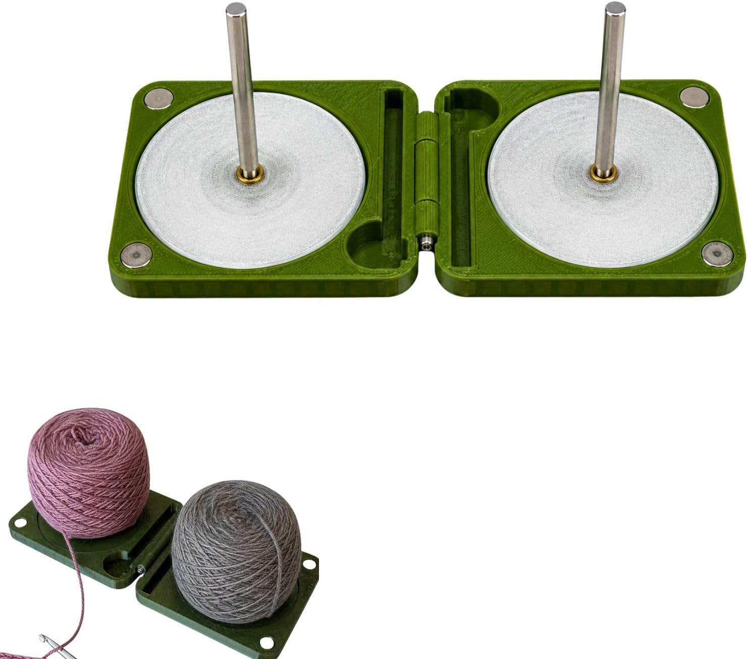 Portable Yarn Holder for Crochet and Knitting, Foldable 3D Printed Yarn Spinner Travel Case with Spindle, Compact Yarn Organizer for Yarn (Double Spindle/Olive Green)