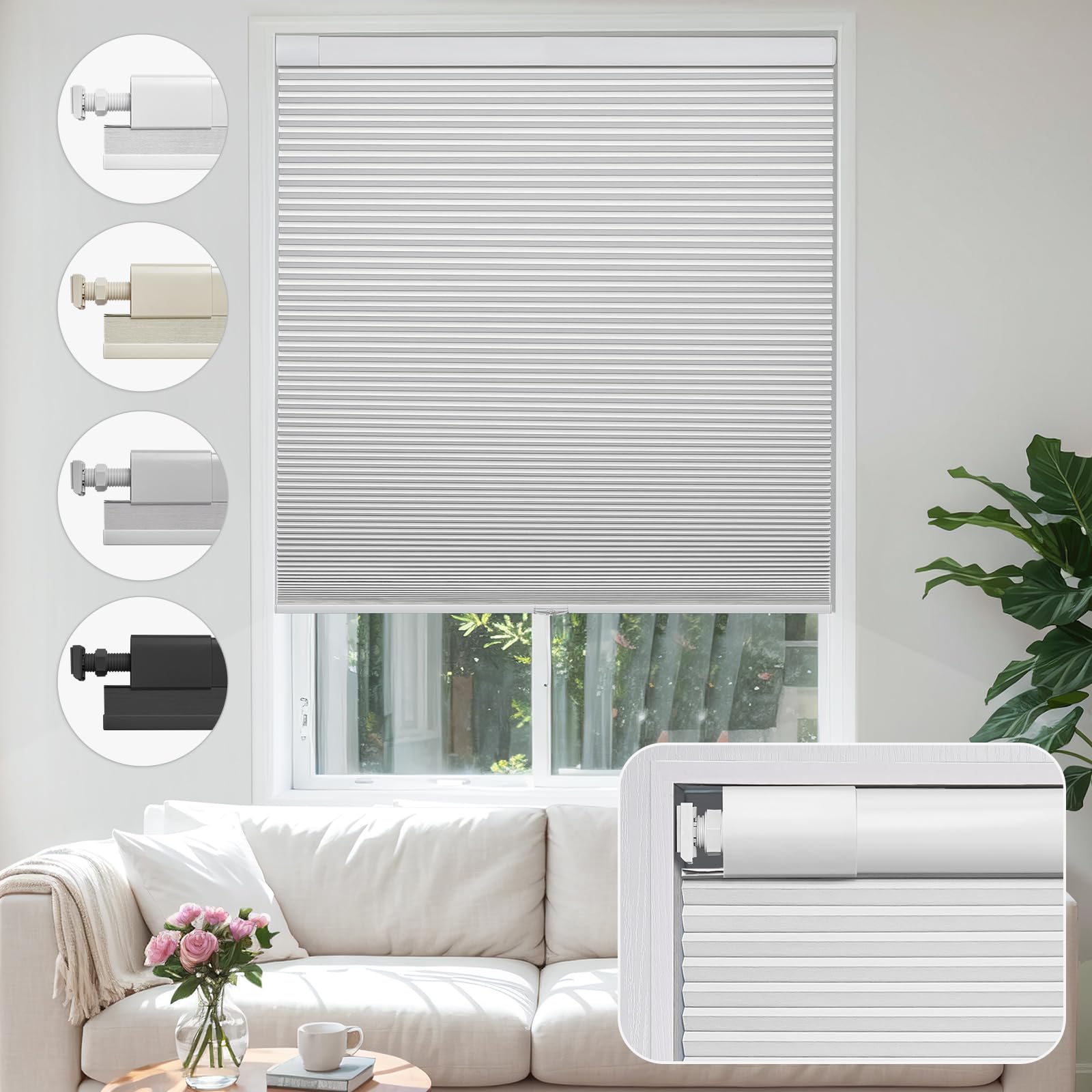 MiLin No Drill Cordless Cellular Shades Color-Matched No Tools Cellular Blinds Honeycomb Design Tension Blinds & Shades for Window (Blackout White, Custom Size)Global Recycled StandardGlobal Recycled StandardGlobal Recycled Standard