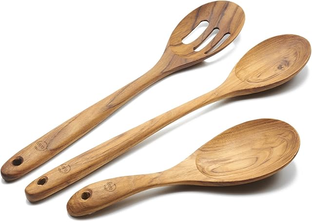 FAAY 3-In-1 Wooden Spoons Handcrafted Golden Teak Kitchen Utensils Including 13.5 Inch Cooking Spoon, Slotted Spoon and 9 Inch Versatile Spoon, 100% Natural & Eco Friendly