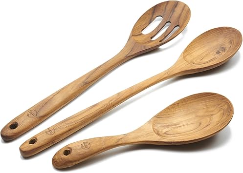 FAAY 3-In-1 Wooden Spoons Handcrafted Golden Teak Kitchen Utensils Including 13.5 Inch Cooking Spoon, Slotted Spoon and 9 Inch Versatile Spoon, 100% Natural & Eco Friendly with Ergonomic Handle