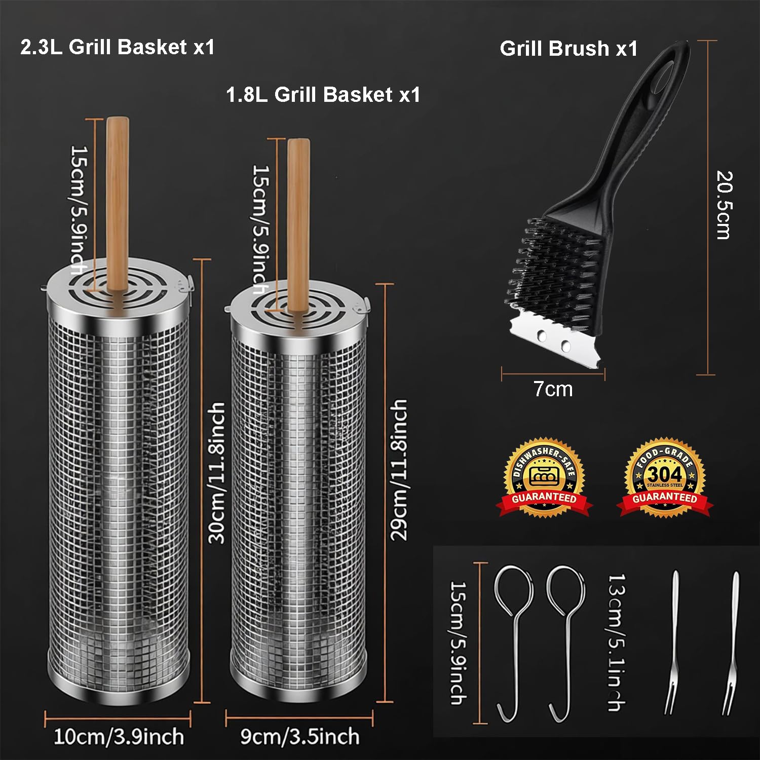 2 Pack Rolling Grill Basket, Removable Wooden Handle, 304 Stainless Steel, Smoker BBQ Accessories for Vegetable Fish Meat, Outdoor Grill Camping Backyard Cooking, Nesting BBQ Tools Birthday Gifts for Men Dad Husband - 3