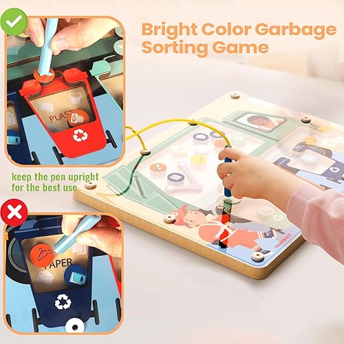 Miniatura 8 de TOP BRIGHT Juego de clasificación de laberinto magnético de colores, juguetes Montessori para niños de más de 3 años, juego de reciclaje de basura