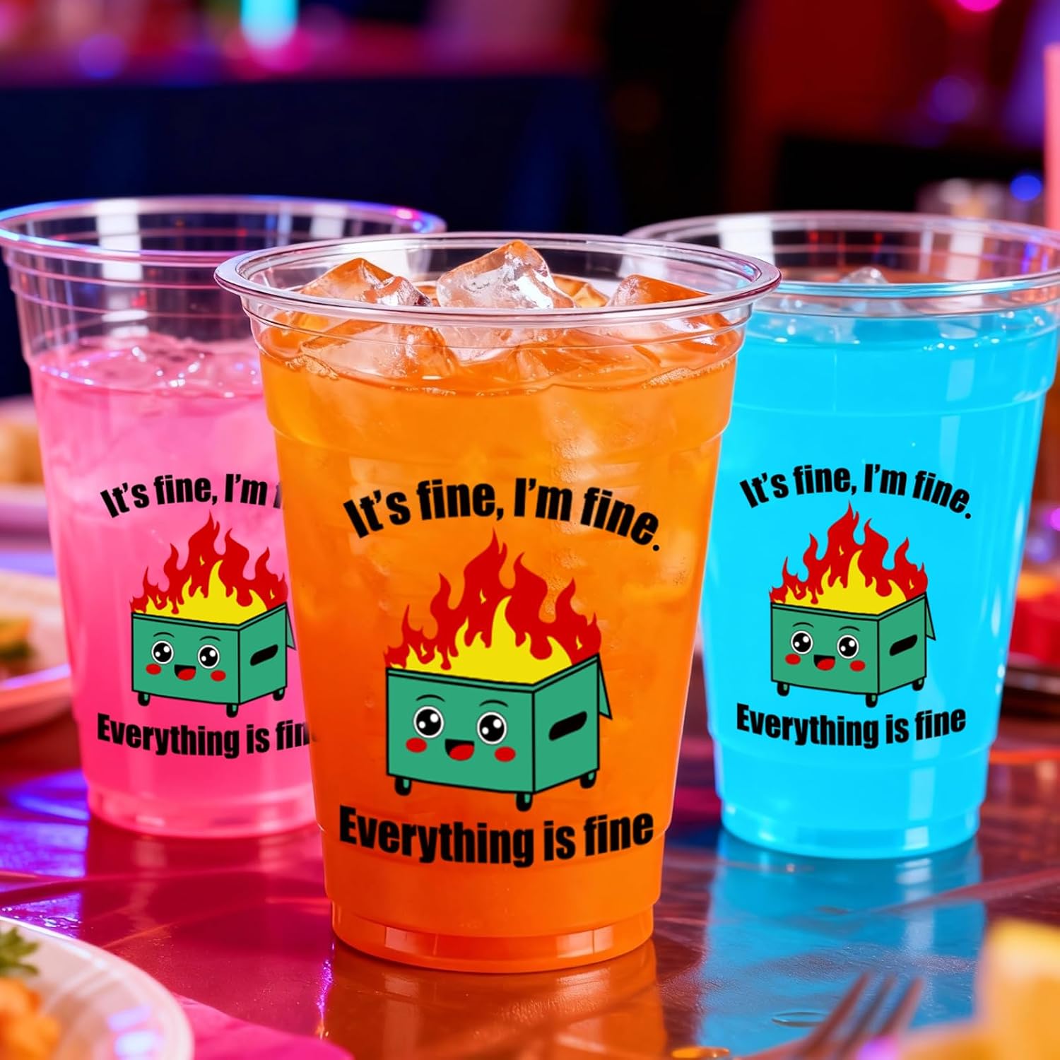 50pcs 12oz Dumpster Fire Plastic Cups - Funny Dumpster Fire on Wheels Disposable Party Drinking Cups for Christmas Team Coworker Nurse Party Decorations