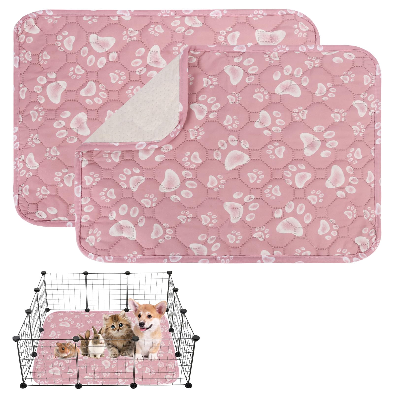 Washable Puppy Pads Reusable, Pink Puppy Training Pad Pee, Whelping Kits for Puppies, Dog Crate Bedding Mat Non-Slip Super Absorbent, 2 Pack 90X70CM (Paw Rint)