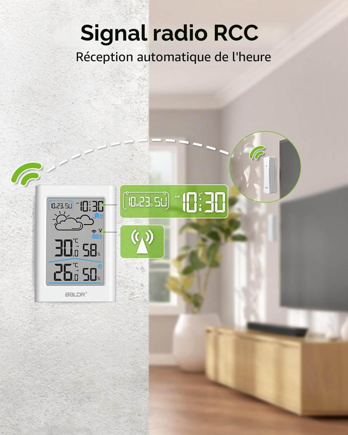 BALDR Station météo sans fil avec capteur extérieur, horloge radio numérique DCF, thermomètre hygromètre d'intérieur et extérieur, pour prévisions météorologiques, écran de 3,7'', crème