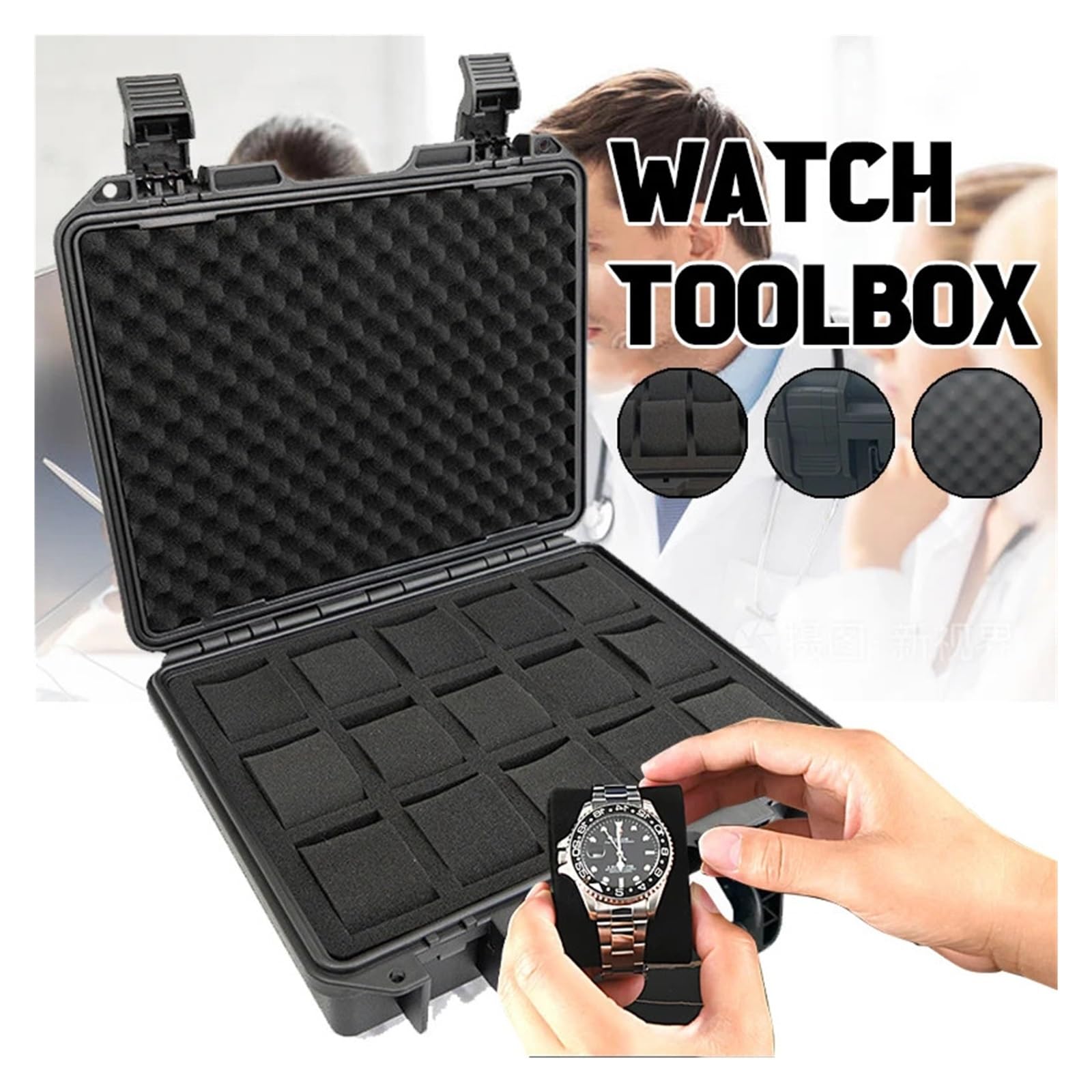 Uhrenbox Uhrengehäuse aus Kunststoff mit 15 Fächern, trinkbare Uhren-Aufbewahrungsboxen, Organizer, wasserdicht, Hartschalenkoffer, Uhren-Werkzeugkasten, Vitrine, Tasche