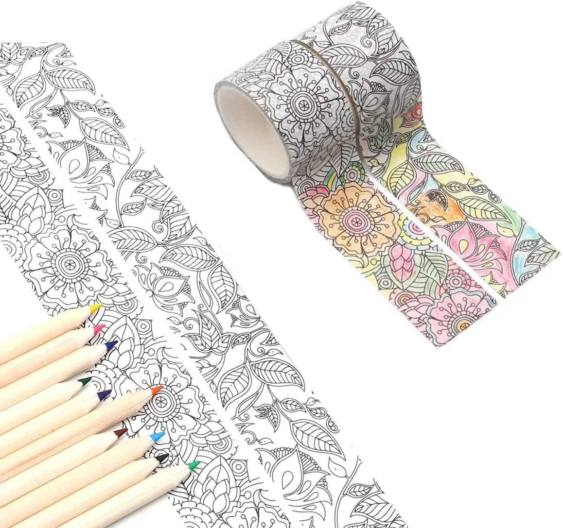 ELECDON Washi Tape, Coloring Floral Washi Tape Set of 2 Rolls, 30mm Wide Sticky Masking Tape, Paintable Handmade DIY And Paper Tape, Hand Account, Cut and Paste Decorative Tape