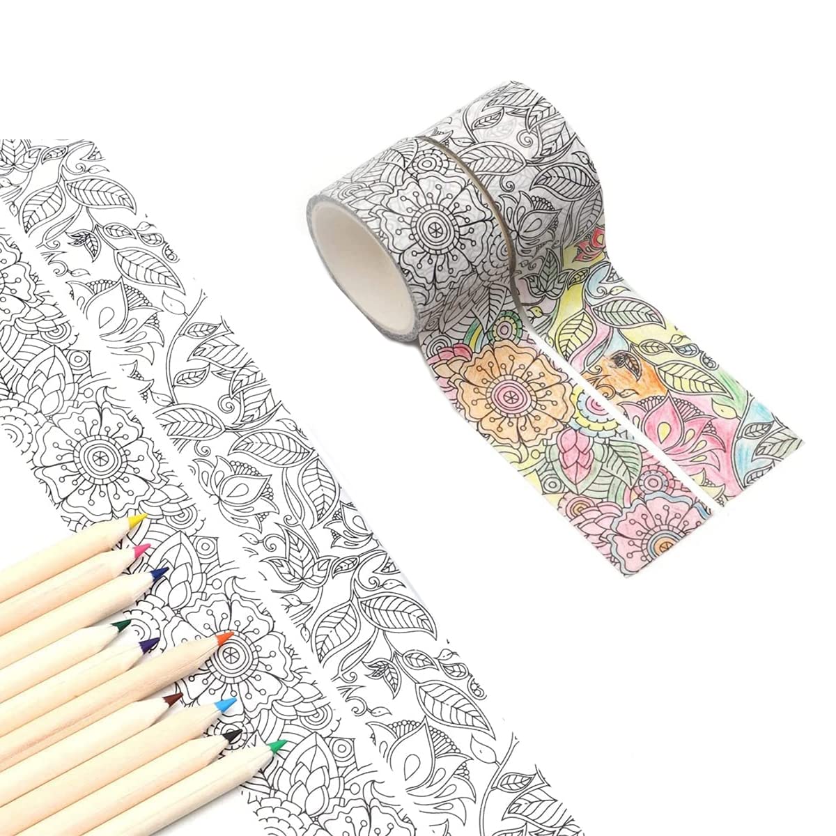 ELECDON Washi Tape, Coloring Floral Washi Tape Set of 2 Rolls, 30mm Wide Sticky Masking Tape, Paintable Handmade DIY And Paper Tape, Hand Account, Cut and Paste Decorative Tape