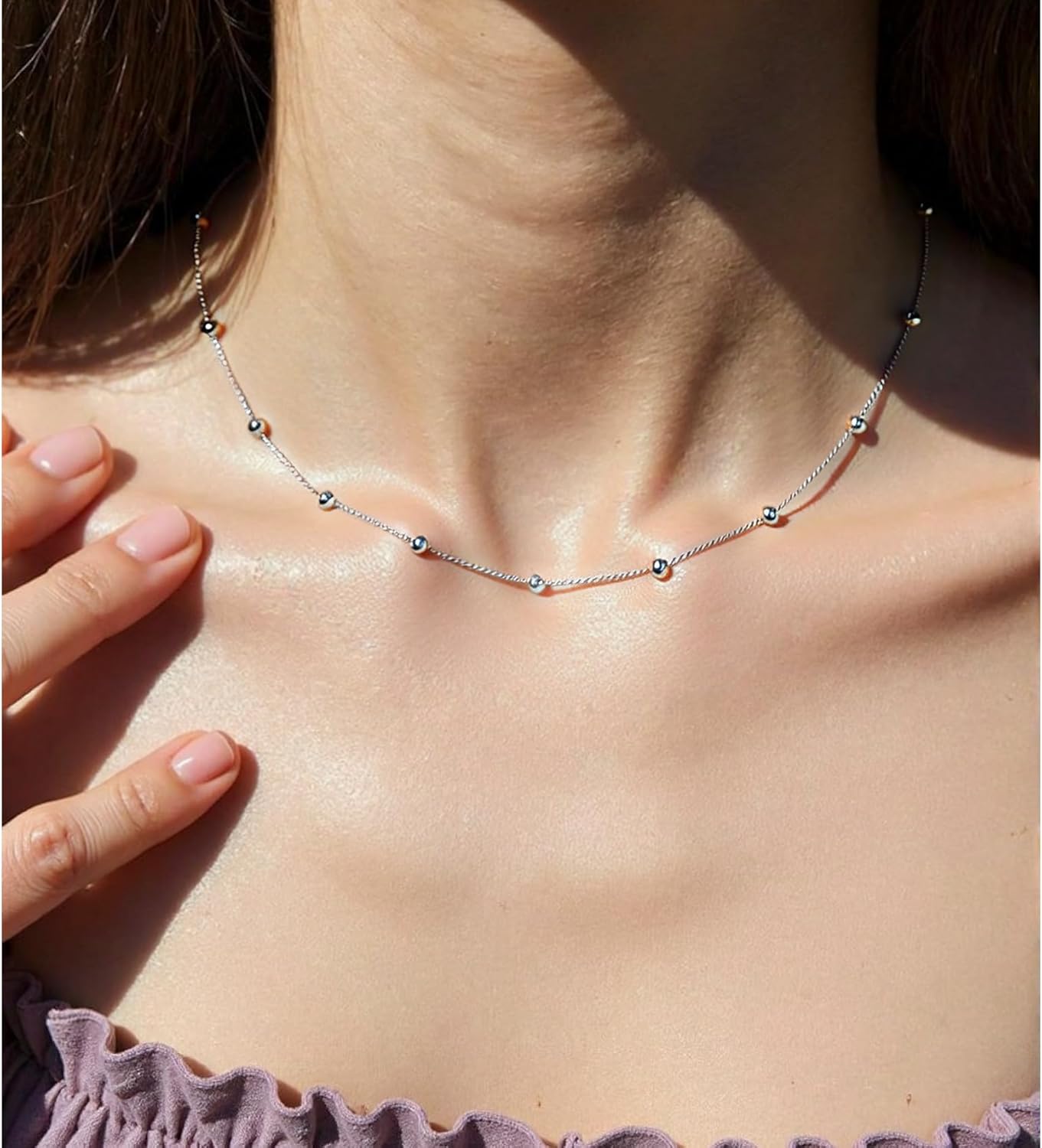 EPIRORA Choker Necklace for Women 925 Sterling Silver Gold Plated Dainty Satellite Bead Chain Pendant Minimalist Jewelry, 16''+2" - Image 6