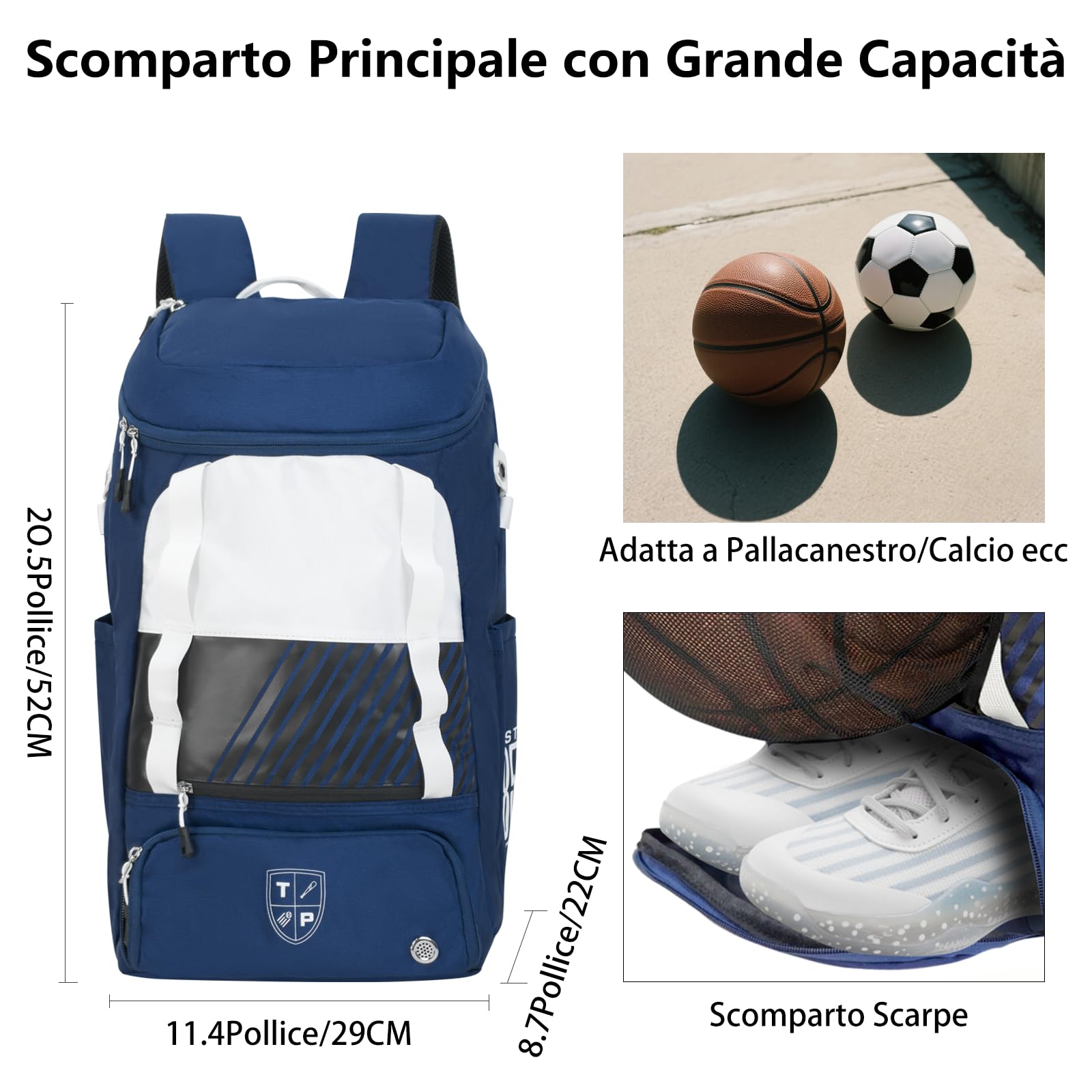 KINGSLONG Zaino da pallacanestro, grande capacità, con scomparto per scarpe e ganci per recinzione, leggero, pallavolo, attrezzatura per racchette, caschi, cappelli, scarpe