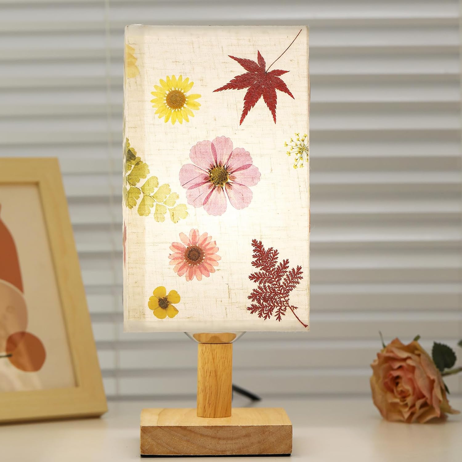 Dried Flowers Table Lamp 5W LED 3Color Temperatures Pressed Flower Bedside Lamp Square Linen Shade with Wood Base for Bedroom Living Room - Image 2