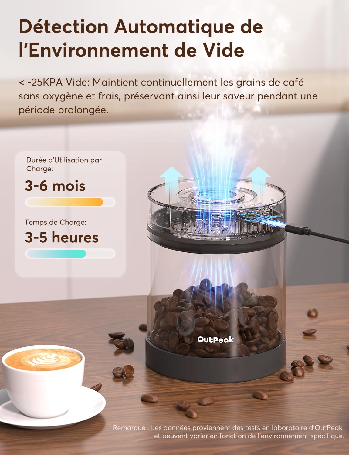 OUTPEAK Neo Latest Kilo – Boîte à café sous vide automatique, capacité de 1,5 L pour 500 g de grains de café, fonctionnement à un bouton, récipient de stockage de café en acier inoxydable avec