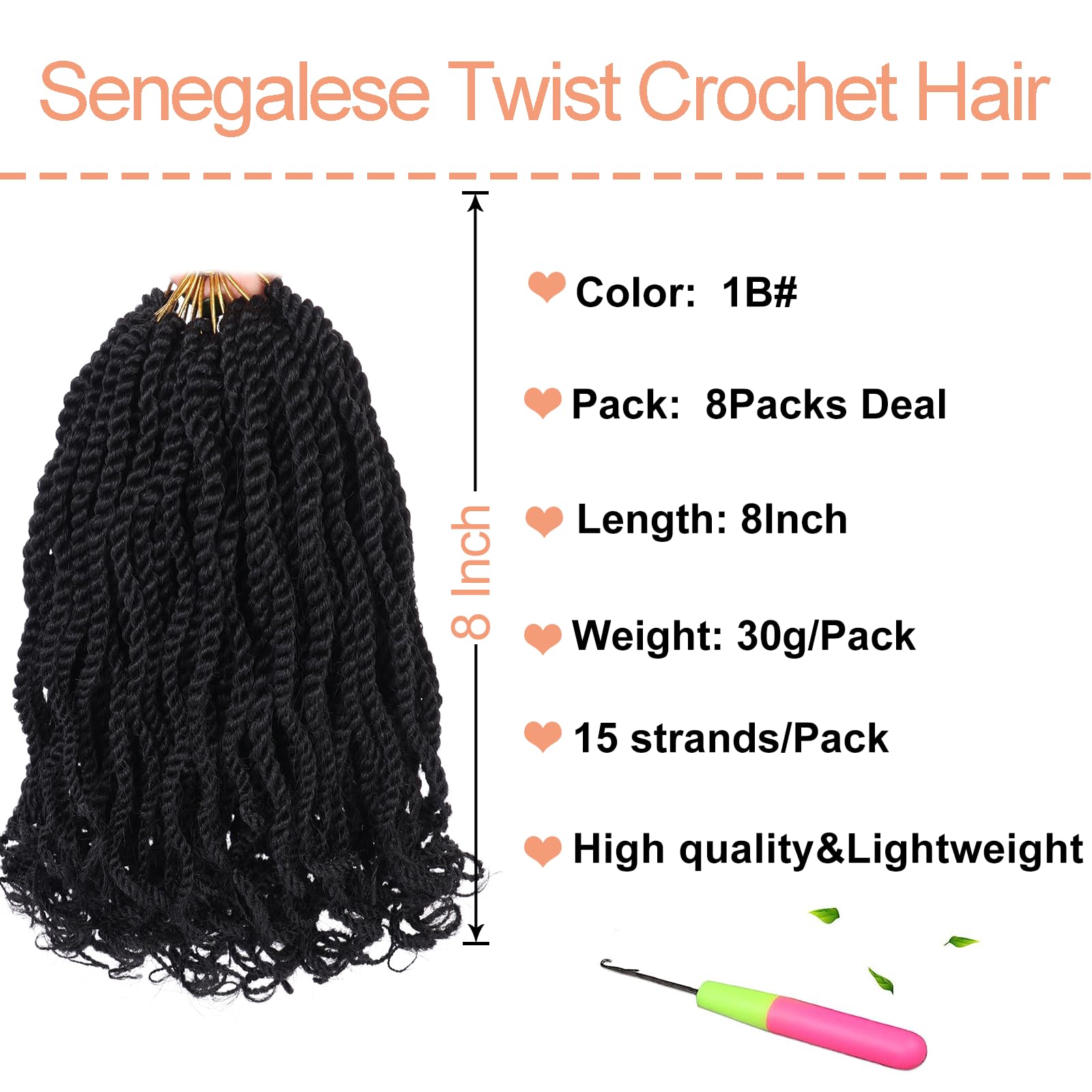 Mscat 8 Inch Wavy Senegalese Crochet Hair, 8 Packs Pre-Looped Passion Twist With Curly Ends - Image 2
