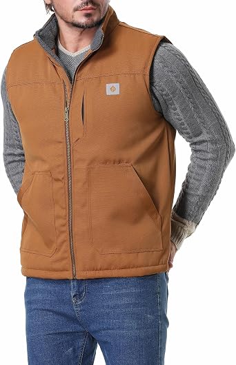 Mens Loose Fit Workwear Vest Fleece-Lined Waterproof Mock-Neck Vest