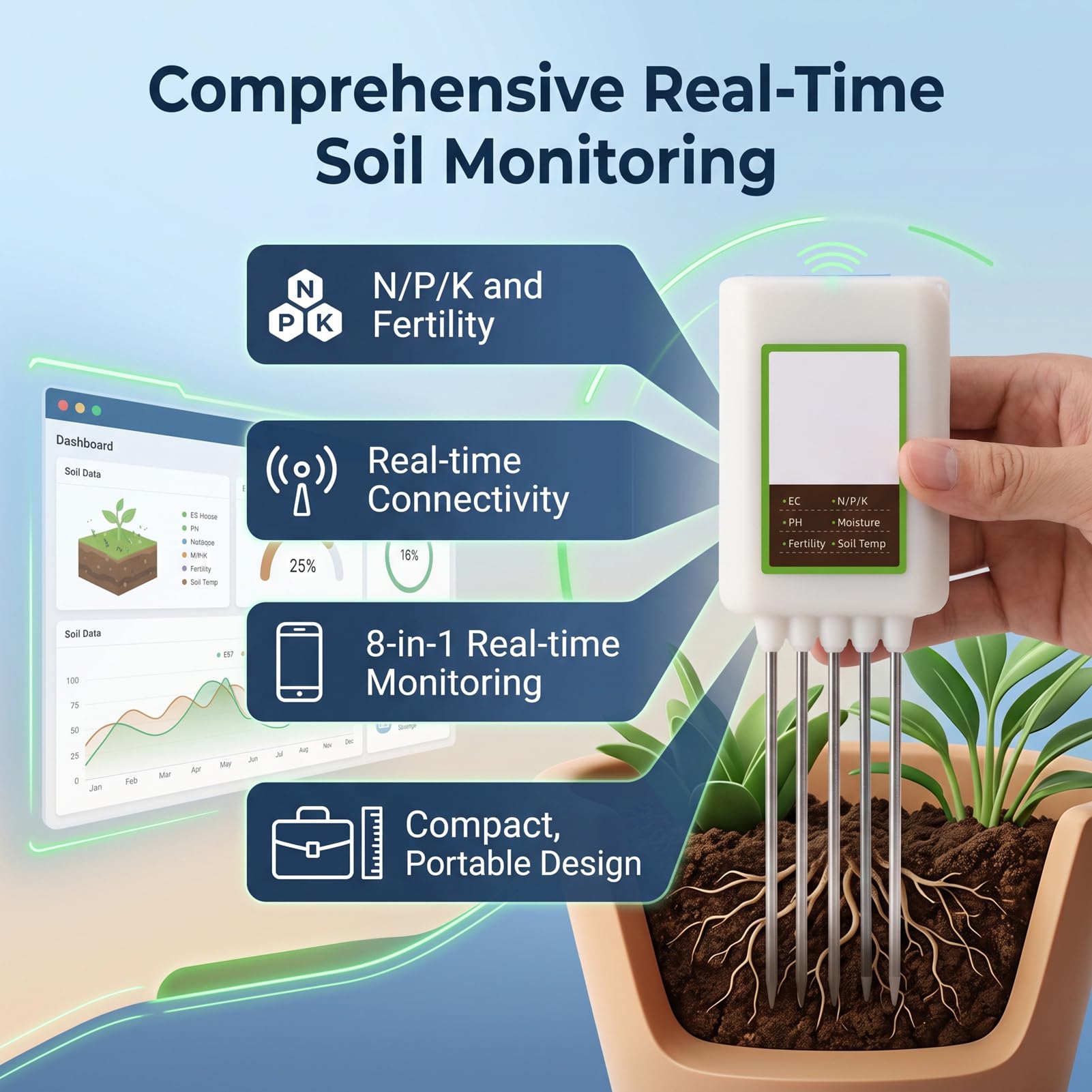 ZJchao Medidor de Suelo 8 en 1 con Bluetooth, Analizador de NPK PH EC Fertilidad Humedad Temperatura, Datos en Tiempo Real a la App del Smartphone para Jardinería Caña de Azúcar