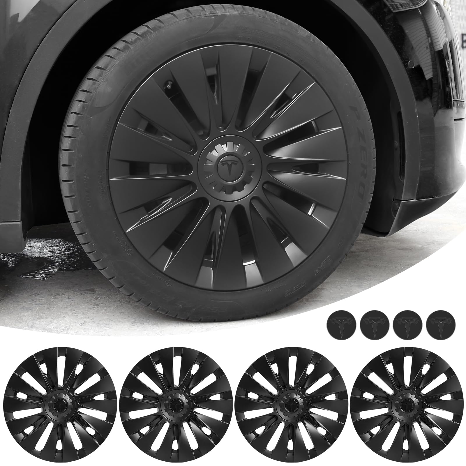 for Tesla Model Y Wheel Covers: 19-Inch Model Y Hubcaps All Inclusive Rim Protector Replacement Kit Exterior Accessories for 2019-2023 Matte Black 4Pack