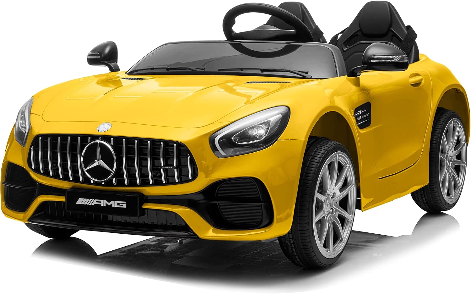 Kidzone 12V Kids Ride On Car Toy 2-Seater AMG GT Electric Powered Vehicle High/Low Speed with Horn, Radio, Port, AUX, Spring Suspension - Yellow