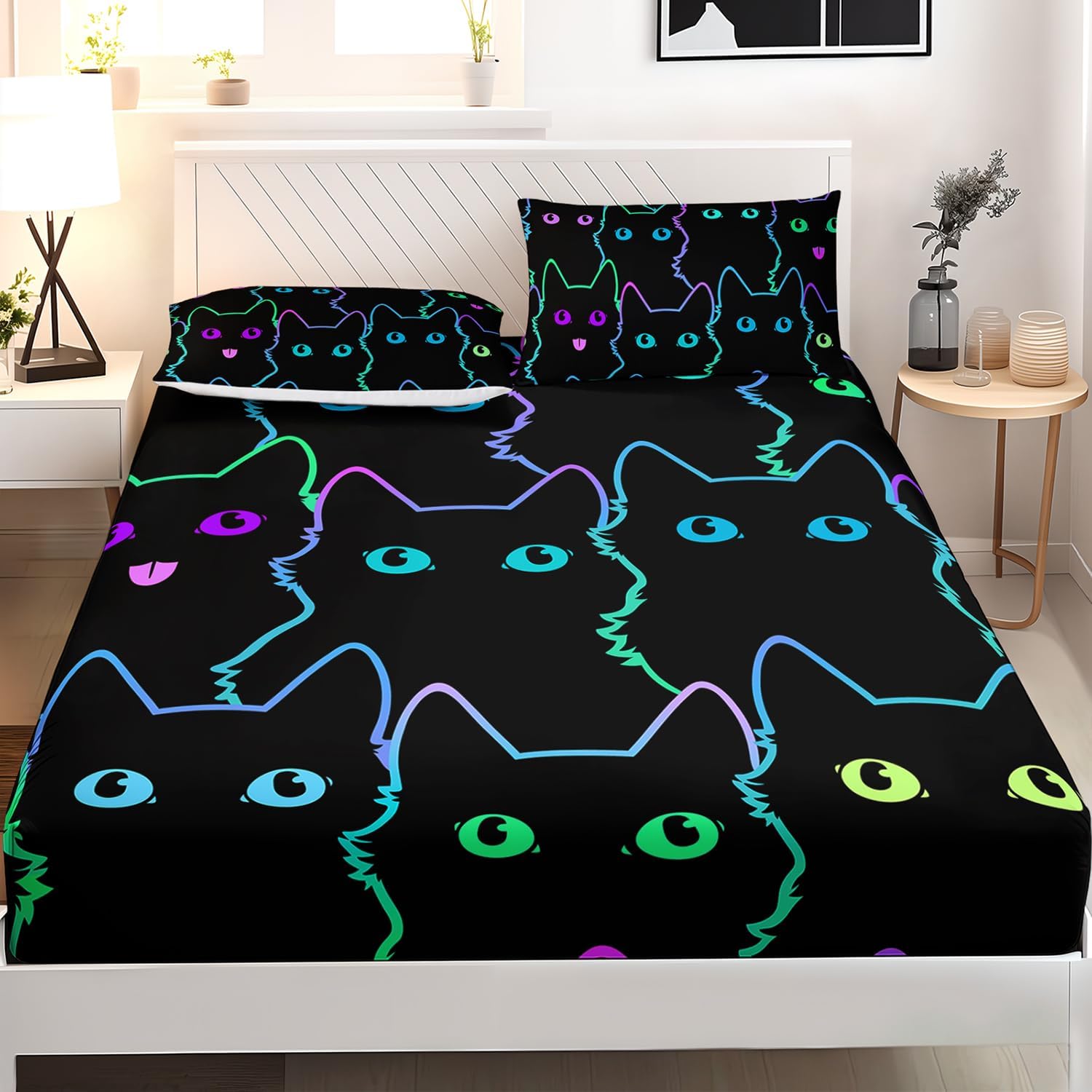 ailonen cute cat fitted sheet set - twin xl size, gradient line cat bed sheet set for room decor, 3 pieces anime fluorescent sheet set print fitted sheet and 2 pillowcases for kids boys girls cat190 twin xl