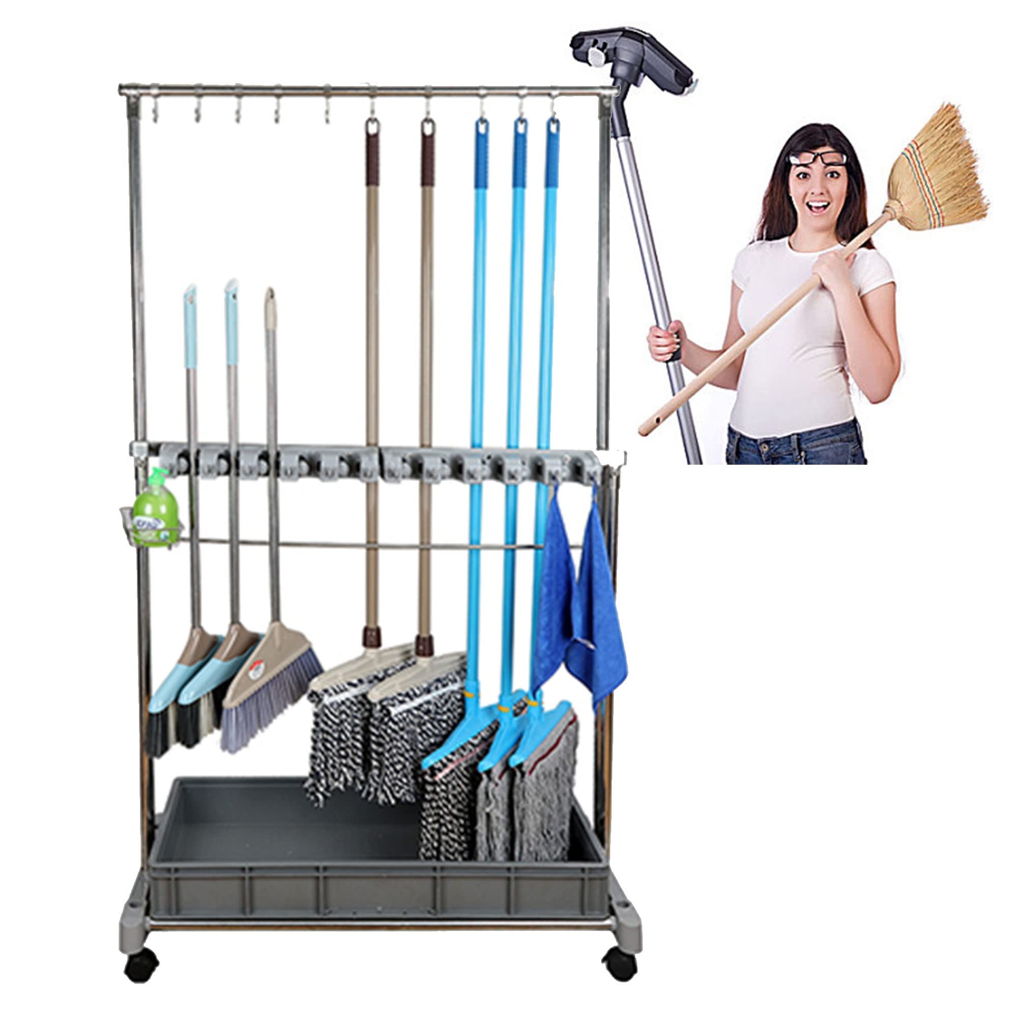 AYCDL Movable Commercial Mop Broom Rack,Utility Stainless Steel Cleaning Tool housekeeping Cart,cleaning supplies organizer,Garden Tool Holder,Umbrella Stand,with Whe,Double Deck-8slots