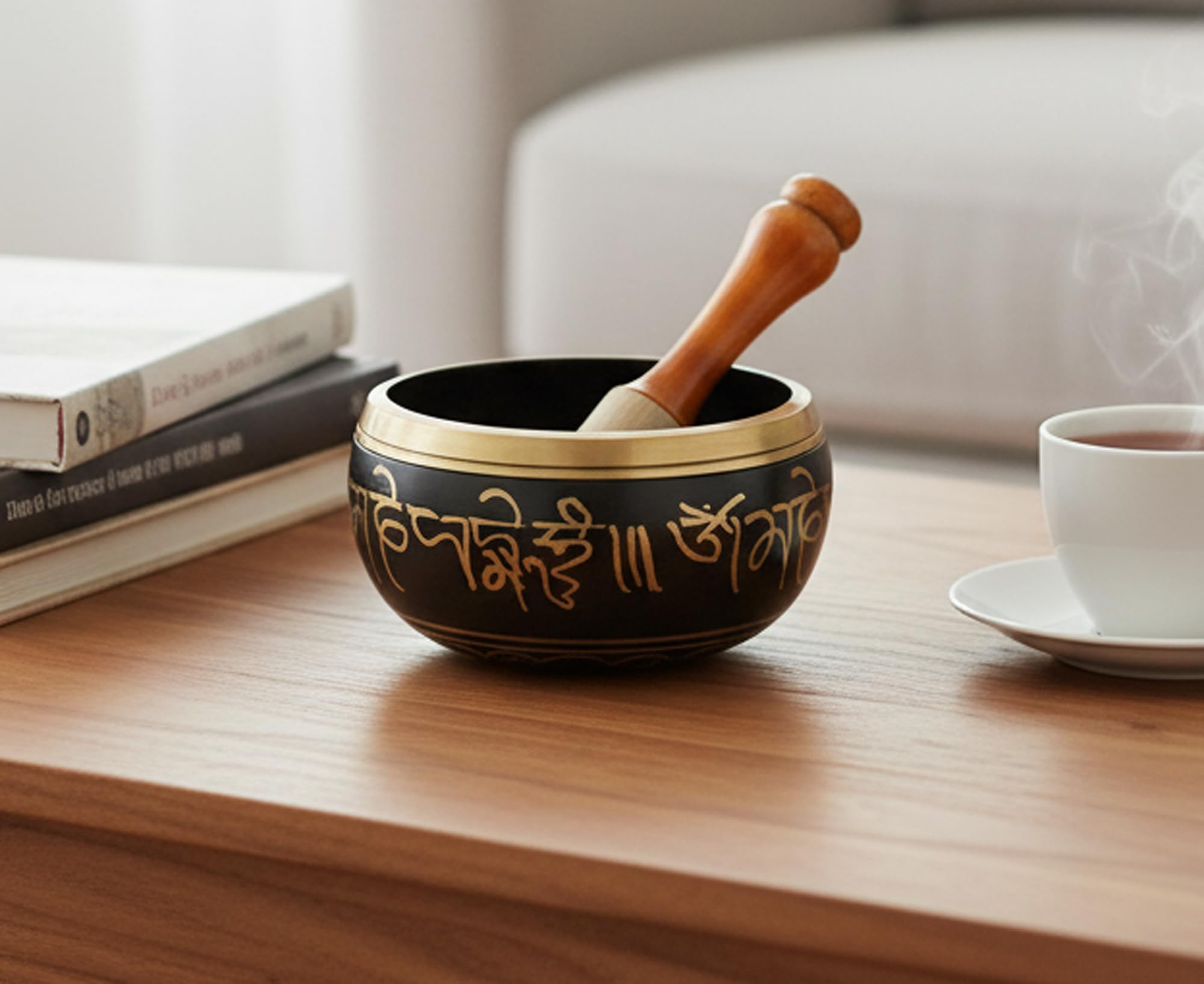 eSplanade - Tibetan Buddhist Singing Bowl Prayer Instrument With Striker Stick | Ohm Bell | Om Bowl | Meditation Bowl | Music Therapy (6" Grey) (black)