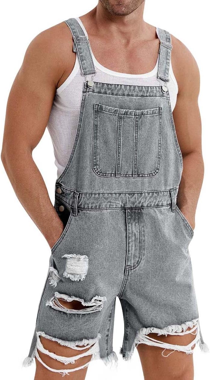 Runcati Mens Denim Shorts Bib Overall Jean Romper Casual Loose Fit Walkshort Button Pockets Summer Jumpersuit - Image 2