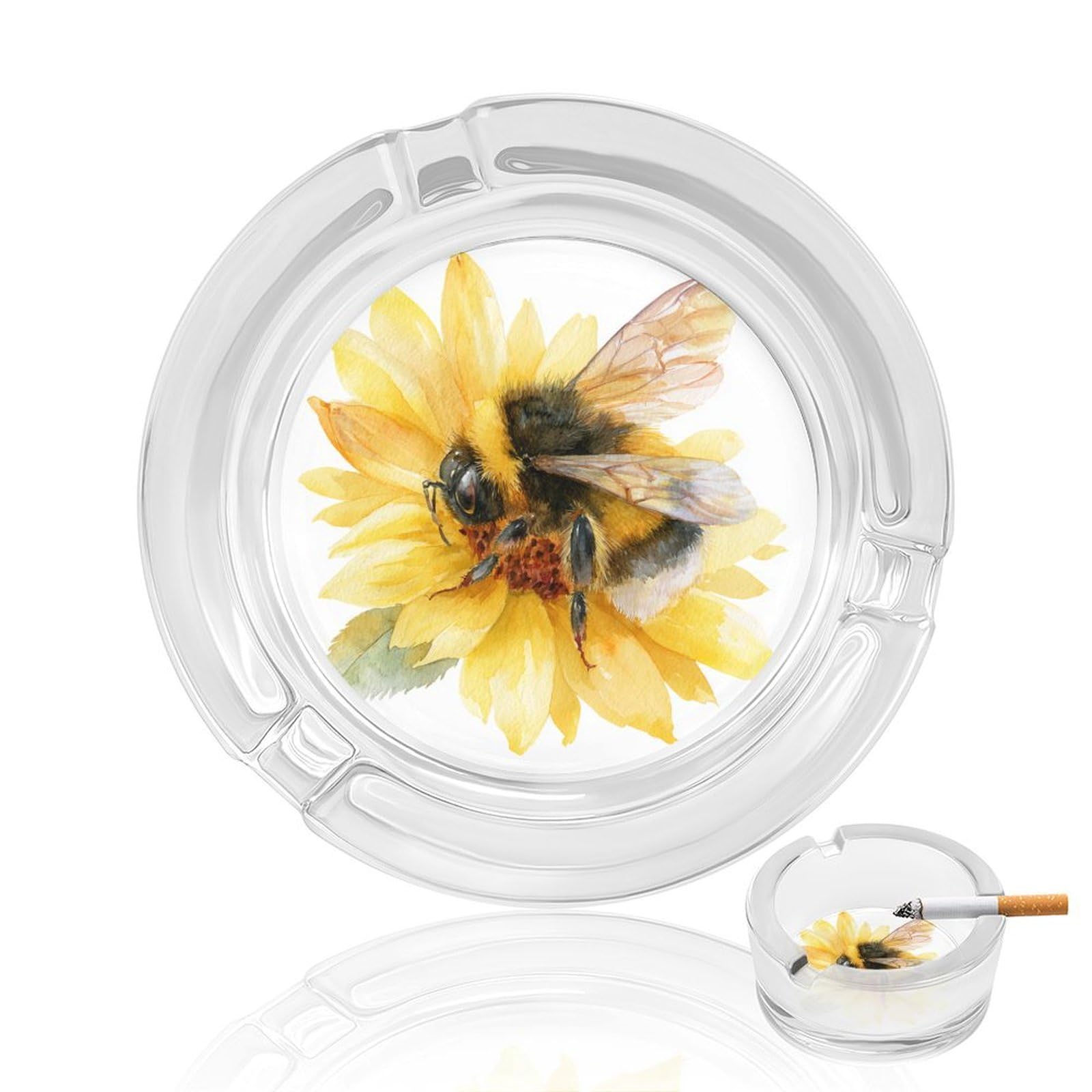 Watercolor A Bee on Sunflower Petal Glass Ashtray for Cigarettes Portable Decorative Ash Trays for Home Office Decor