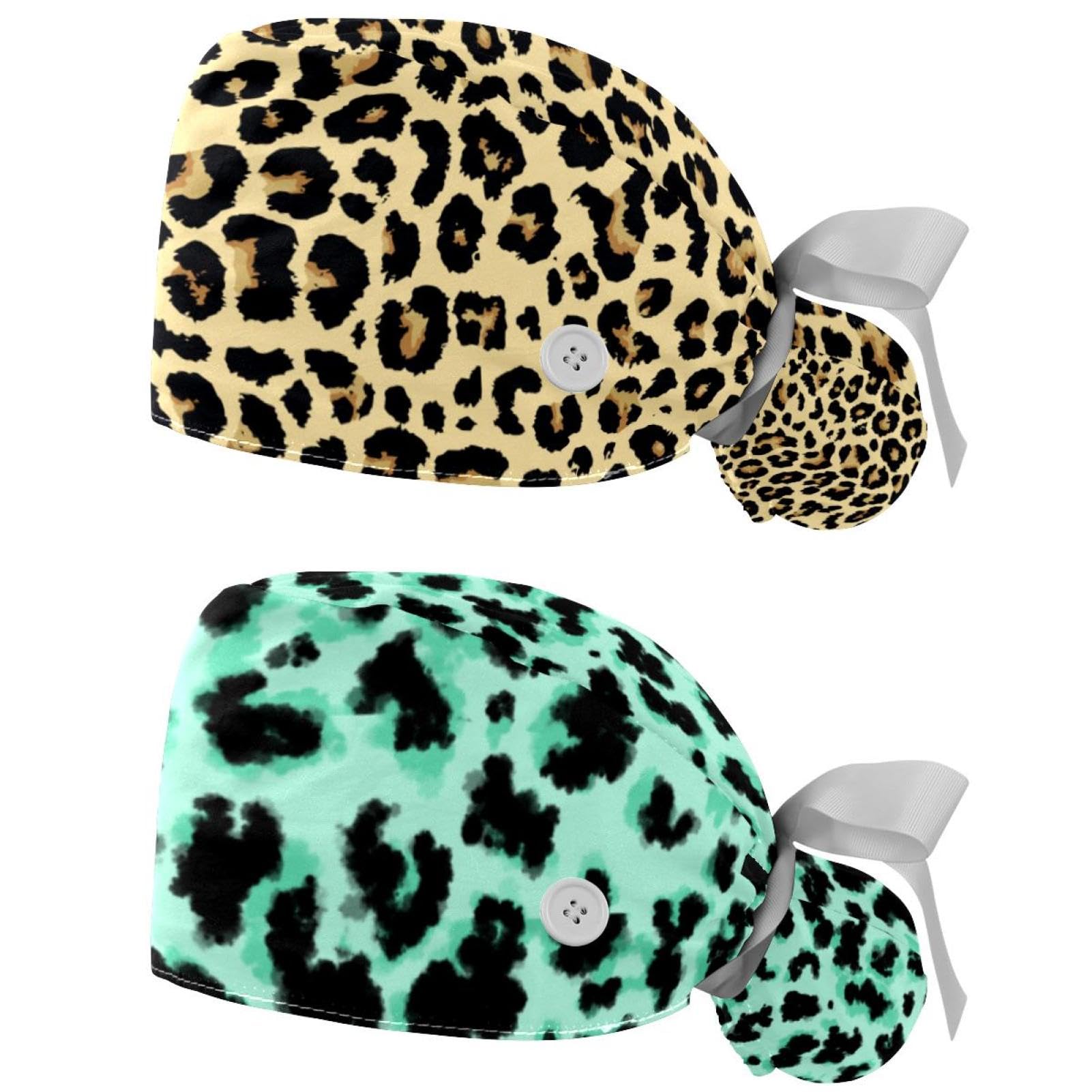 Generic 2 Pcs Leopard Unisex Working Cap with Button Bouffant Turban Cap Adjustable Hats Bouffant Hair Cover