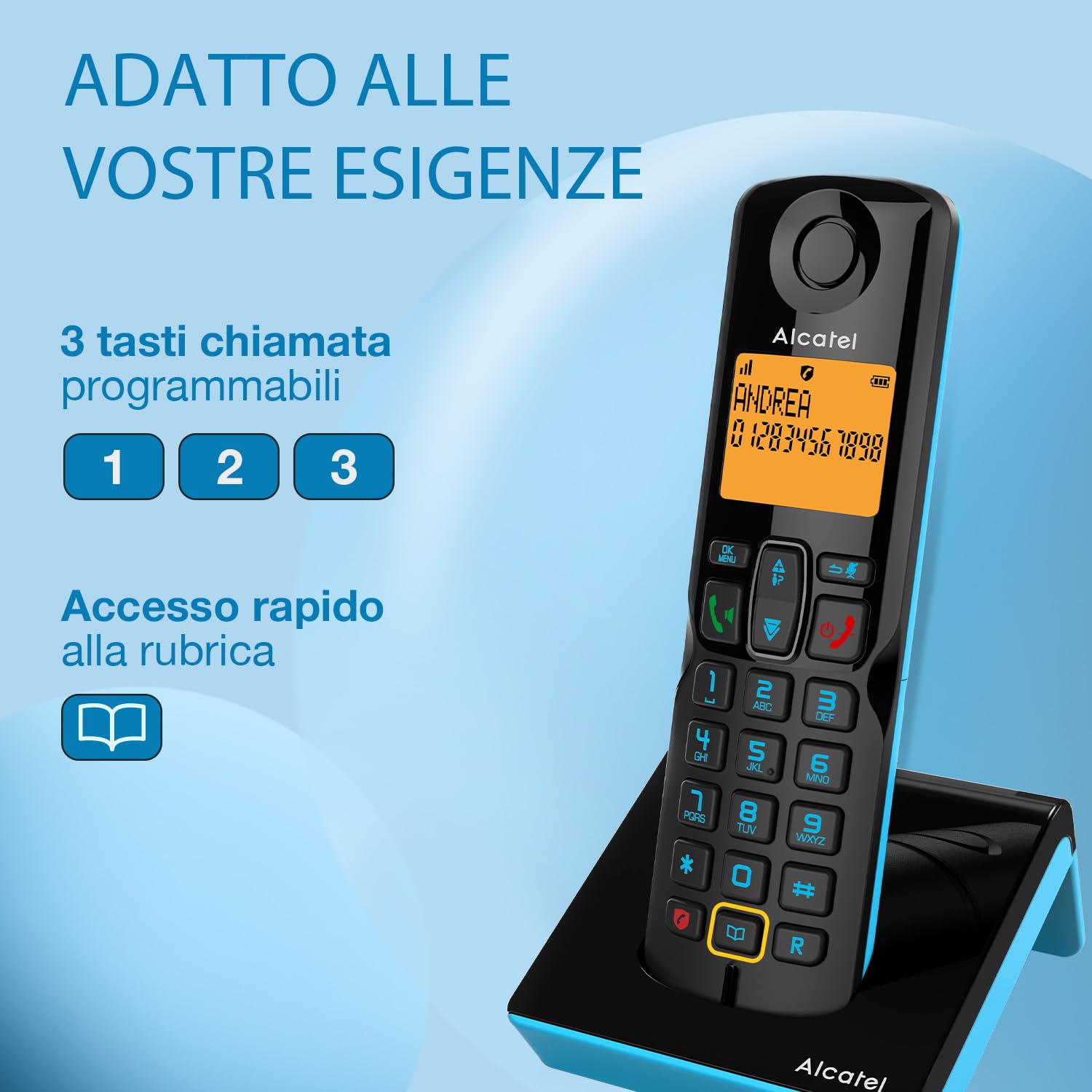 ALCATEL S280 - Telefono Fisso Cordless DECT - Design Compatto - Grande Display Retroilluminato - Vivavoce - Funzione Blocco Chiamate - Rubrica da 50 Contatti - Nero/Blu
