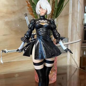 2B Game Position Statue, Interchangeable Head PVC Model (Black,28cm) | Anime Collection Gifts for Fans