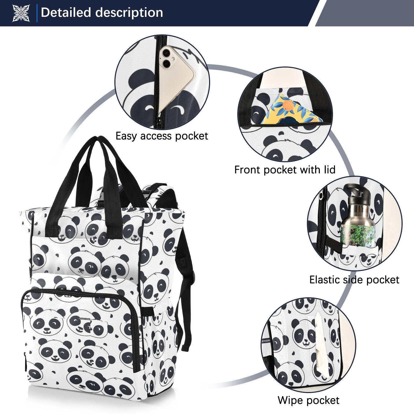Mnsruu Multiplo Kawaii Pandas Pattern Baby Diaper Bag Zaino Grande Borsa Impermeabile Viaggio Borse per Pannolini per Mamme e Papà