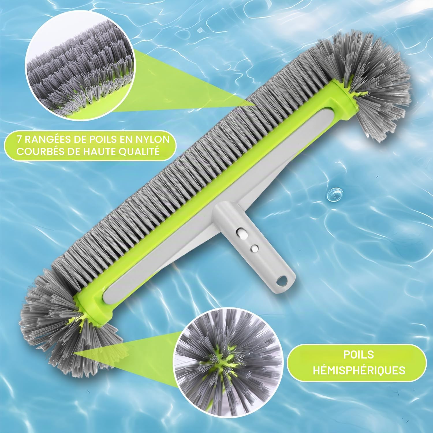 Tête de Brosse de Piscine 45cm Balai Piscine Brosses Poils Robustes Manche Aluminium Hémisphérique Mur Sol