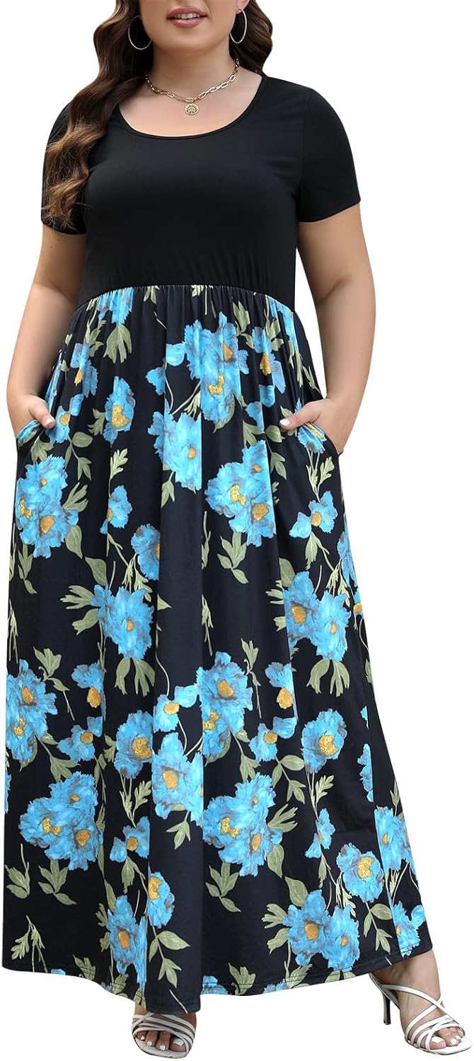 Nemidor Plus Size Maxi Dresses for Curvy Women Casual Short Sleeve Chevron Print Long Dress with Pocket 14-26