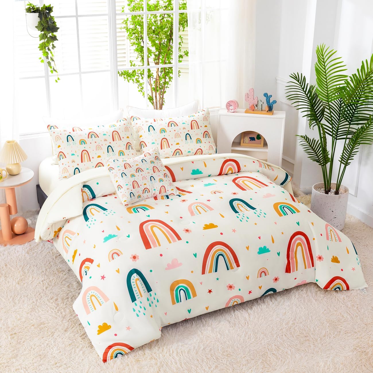 Rainbow Girls Bedding Comforter Set Full Size 6 Pieces Beige Bed in A Bag with Sheets Clouds and Flowers Printed Kids Bed Comforter Set (Beige Rainbow, Full) - Image 2