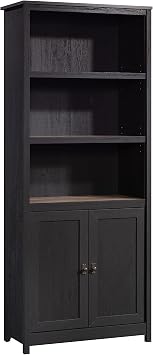 Sauder Cottage Road Book Shelf, Bookshelf with Storage, Library Bookcase with Doors and Adjustable Shelves, in Raven Oak Finish
