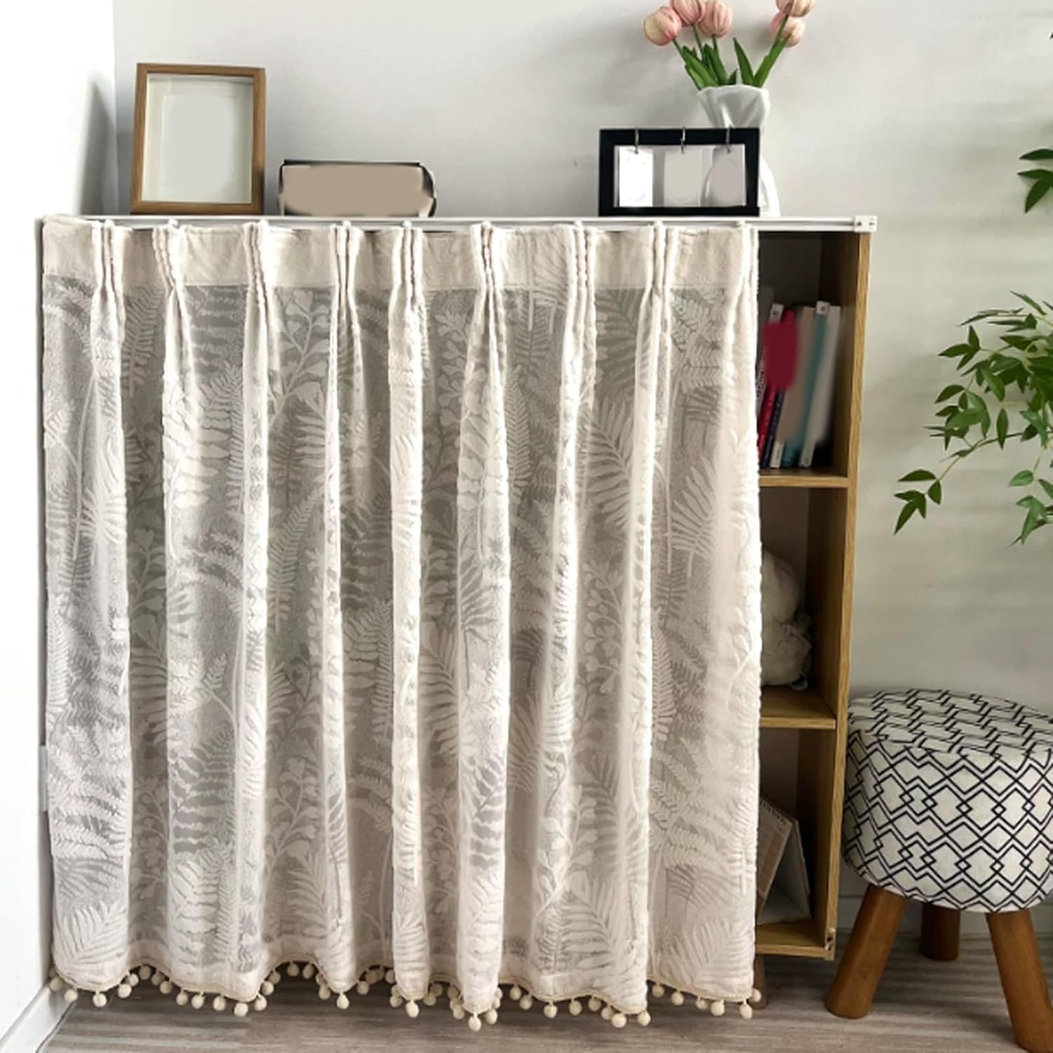 Under Sink Curtain for Kitchen, No Drill Self-Adhesive Track Sliding Rail, Sheer Lace Fabric Cabinet Skirt, Dust-Proof Shelf Cover for Pantry & Wardrobe