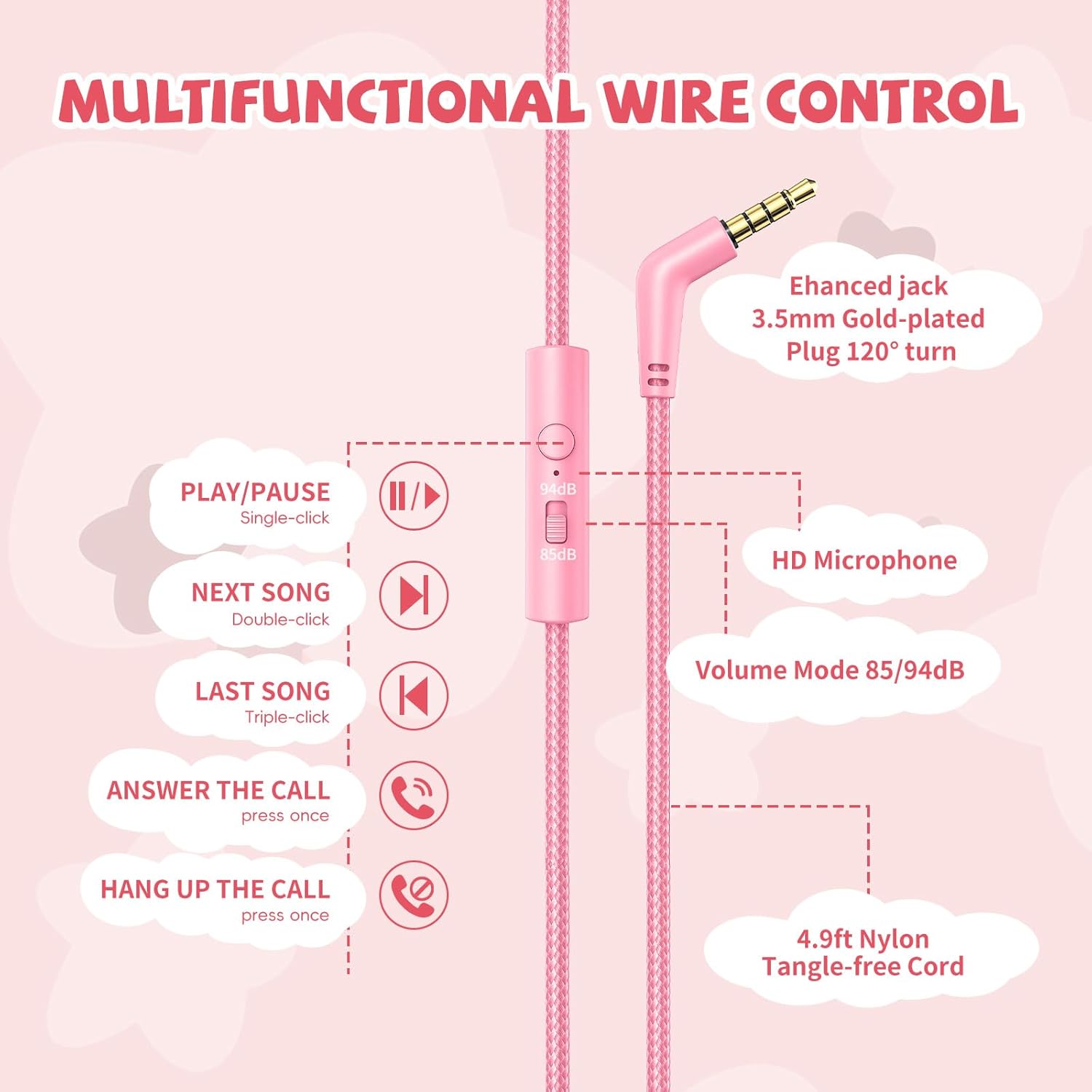 Kids Headphones with Microphone for School, 85/94 dB Volume Limit, Wired Over Ear Girls Headphones for Kids with Stereo Sound 3.5mm Wired Cord for Kindle Tablet Airplane Travel, Pink - Image 6