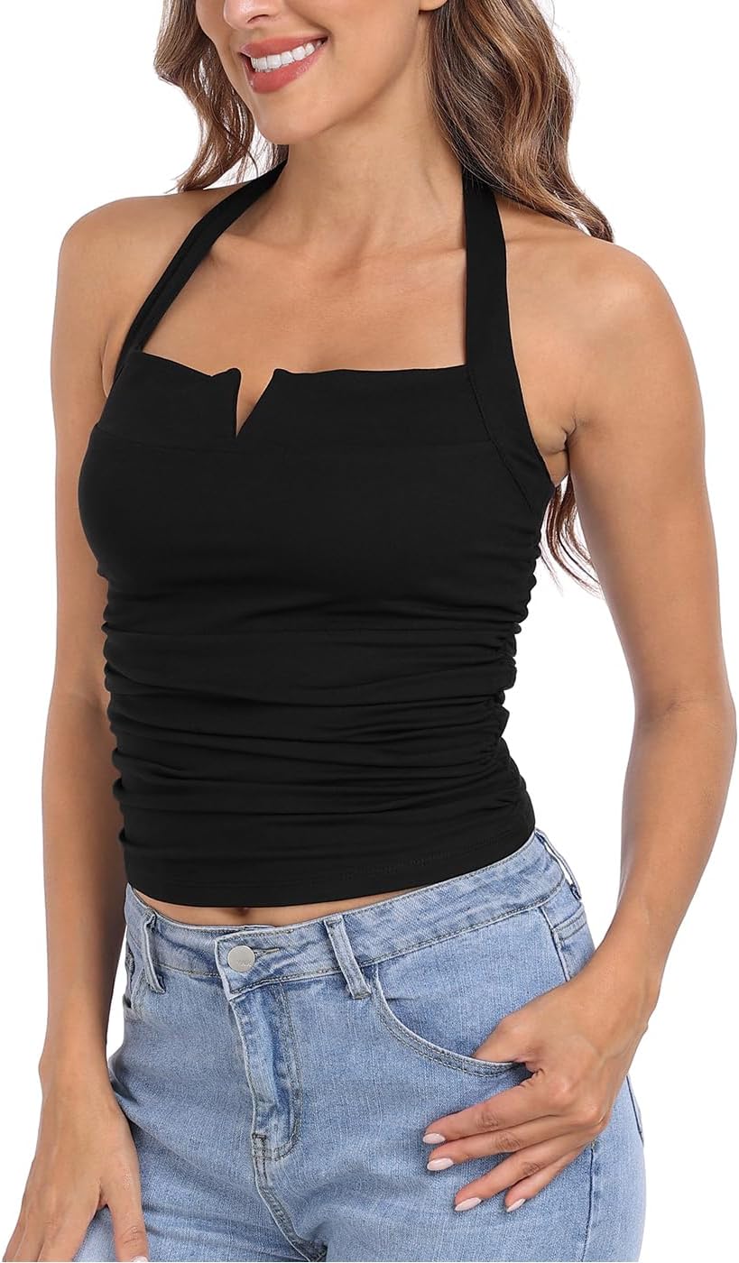HDE Women's Halter Top with Built in Bra Ruched Backless Basic Summer Tops - Image 4
