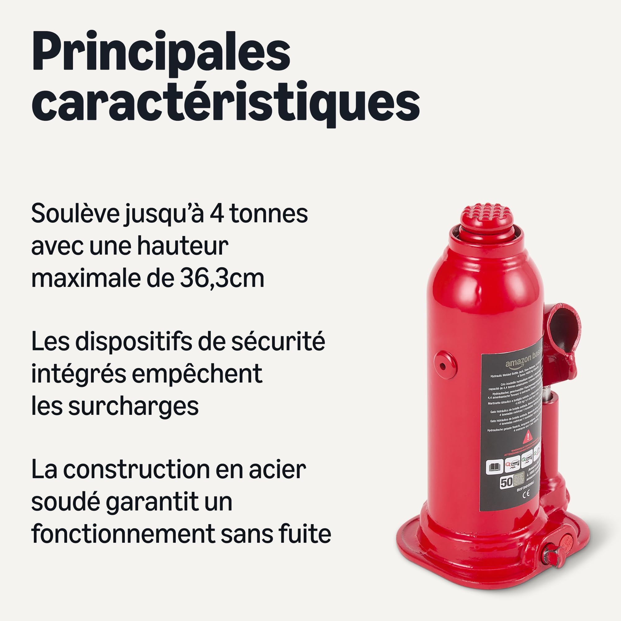 Amazon Basics Cric bouteille hydraulique soudé pour voiture, capacité de 4 tonnes, libération lente, rouge