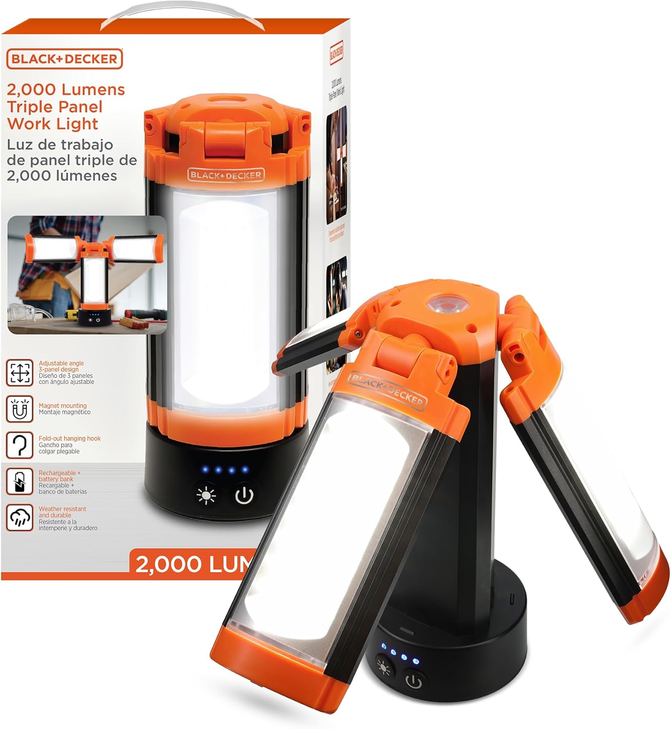 BLACK+DECKER 2,000LM LED Utility Light, USB Rechargeable, 3 Adjustable Panels, Multiwhite Modes, Flashlight, Power Bank, Magnetic Mount, IP44 Weather-Resistant for Camping, Hiking, DIY, Automotive