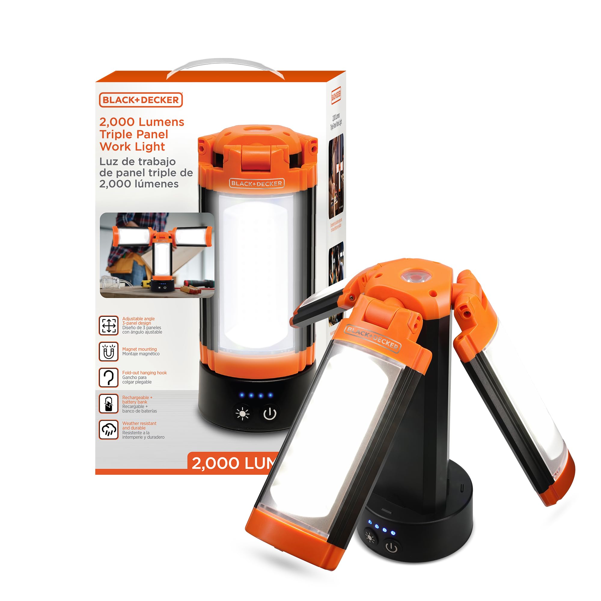 black & decker rechargeable flashlight BLACK+DECKER Utility Light, Rechargeable 2000 Lumens LED 3 Panel Work Light  with 6000mAh Battery Bank & Flashlight, 3 Light Colors, 4 SOS Modes,  Dimmable, IP44 Water-Resistant, Magnetic & Hook Mount