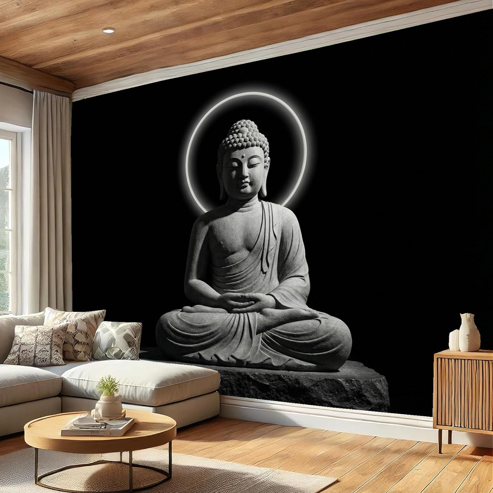 Carta Da Parati Fotografica Statua Minimalista Pietra Meditazione Panorama Piante Nero, Tranquillo Paesaggio Zen Carta Per Pareti Soggiorno Camera Da Letto Fotomurali In Tessuto Non Tessuto, 350X256Cm