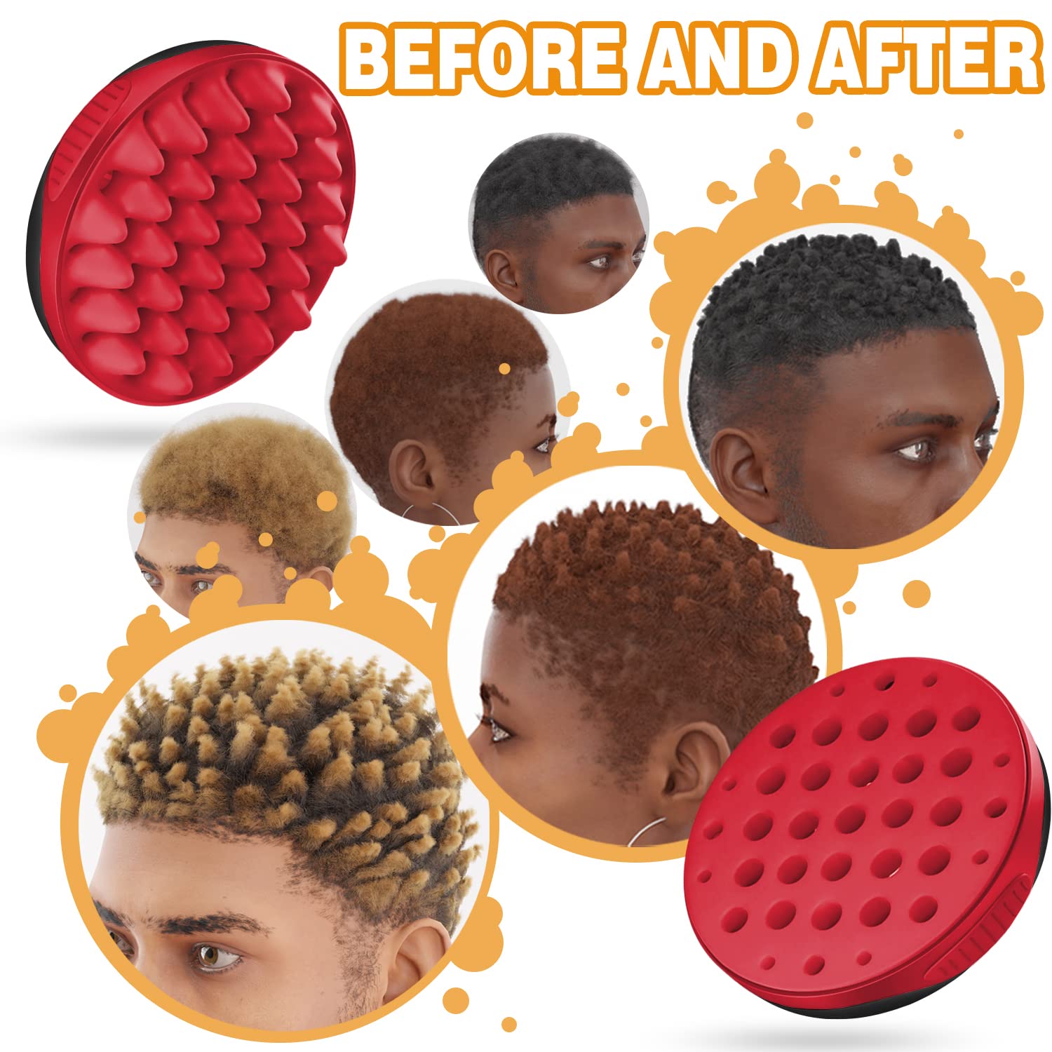 WTTORDE Silikonbürste für lockiges Haar, Twist-Wellen-Werkzeug mit großen und kleinen Löchern für Afro-Locken, zweiseitige Verwendung für Männer, Frauen, Jungen und Mädchen, Rot, 1 Stück